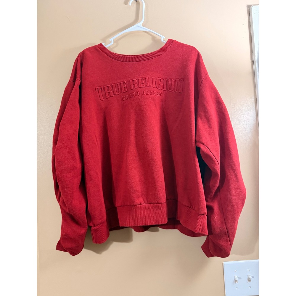 True Religion 3XL Red Crewneck Sweatshirt Embossed Logo Oversized Mens
